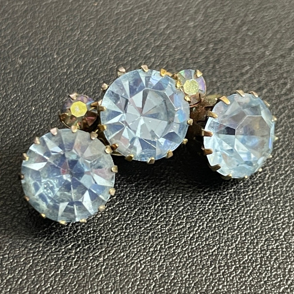 Midcentury Rhinestone Earrings Clip ons Blue Silver Tone Riveted - Picture 2 of 9